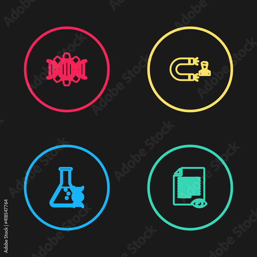 Set line DNA research, search, Paper page with eye, Customer attracting and Genetic engineering icon. Vector. © vector_v