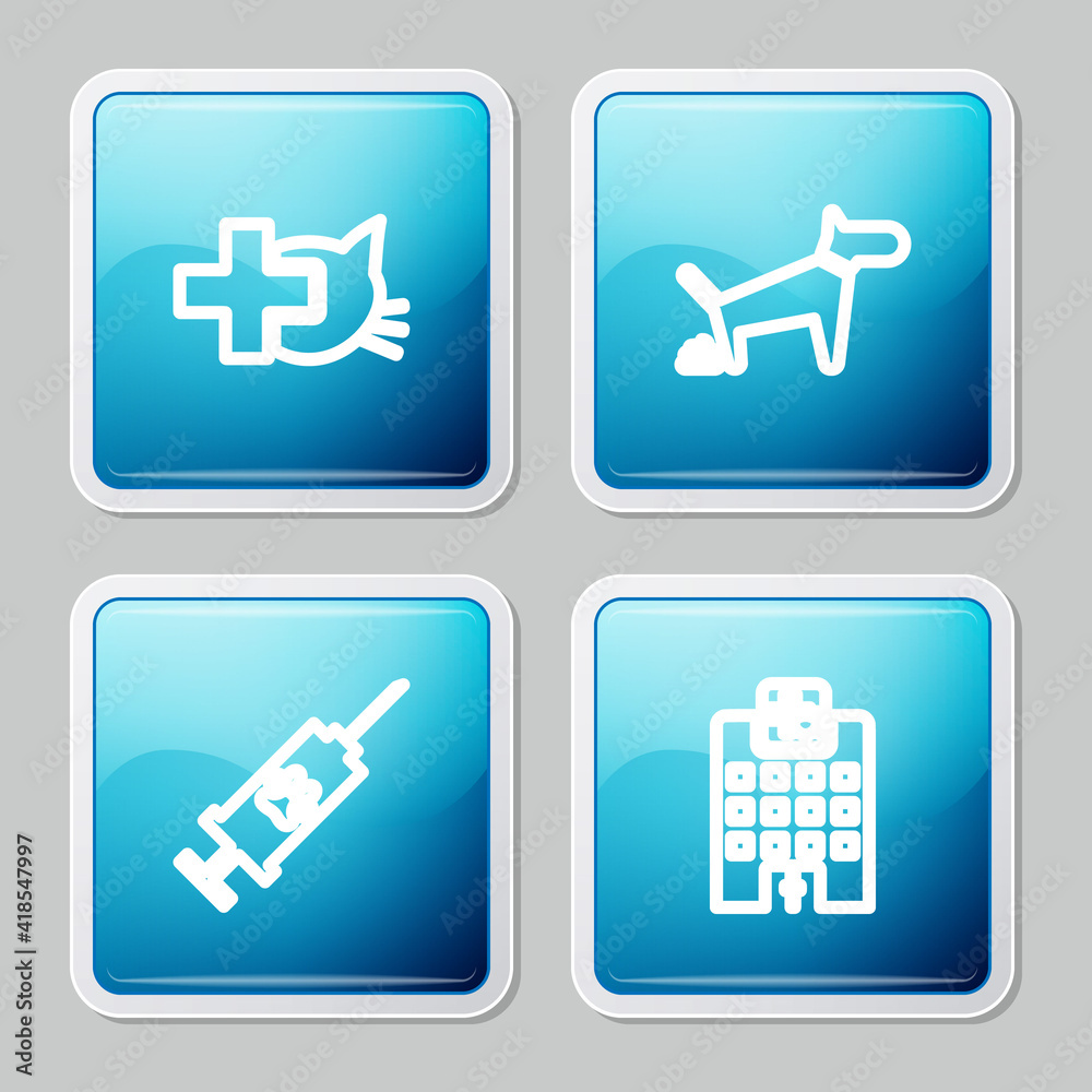 Set line Veterinary clinic, Dog pooping, Syringe with pet vaccine and medicine hospital icon. Vector.