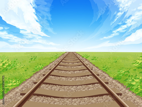 まっすぐな線路と草原の風景_背景イラスト_秋