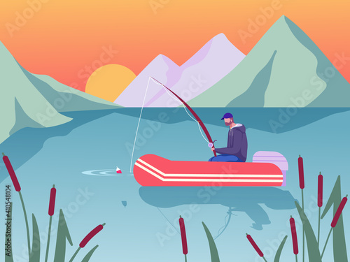 Fisherman sitting in a boat and fishing with a rod. Fishing boat catches fish on the lake. Colourfull vector illustration. Cartoon style.