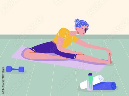 Woman stretching while sitting. Doing toe touch exercise on mat. Girl practicing yoga. Enjoying sport. Flexibility workout.Cartoon style vector.