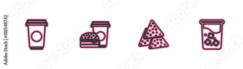 Set line Coffee cup, Nachos, and burger and Glass with water icon. Vector.