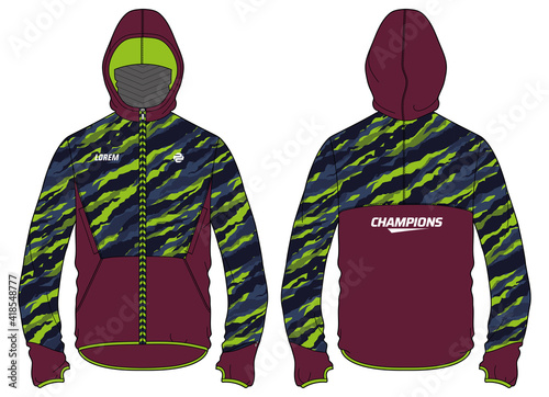 Long sleeve Camouflage Hoodie jacket design template in vector, Hooded jacket with front and back view, hooded winter jacket for Men and women. for training, Running and workout in winter