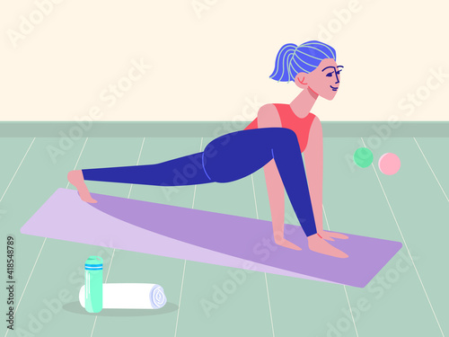 Woman stretching. Doing low lunge exercise on mat. Girl practicing yoga. Enjoying sport. Flexibility workout. Cartoon style vector.