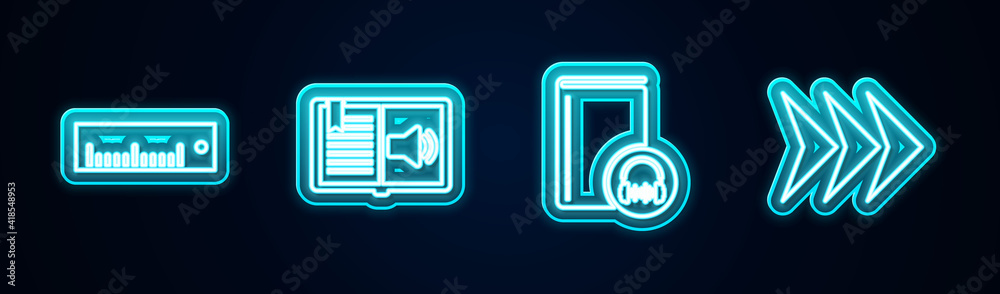 Set line Ruler, Audio book, and Arrow. Glowing neon icon. Vector. Set line Ruler, Audio book, and Arrow. Glowing neon icon. Vector.