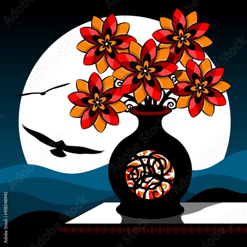Stylized still life with red flowers. Bouquet in a vase against the background of the night sky. Vector illustration.