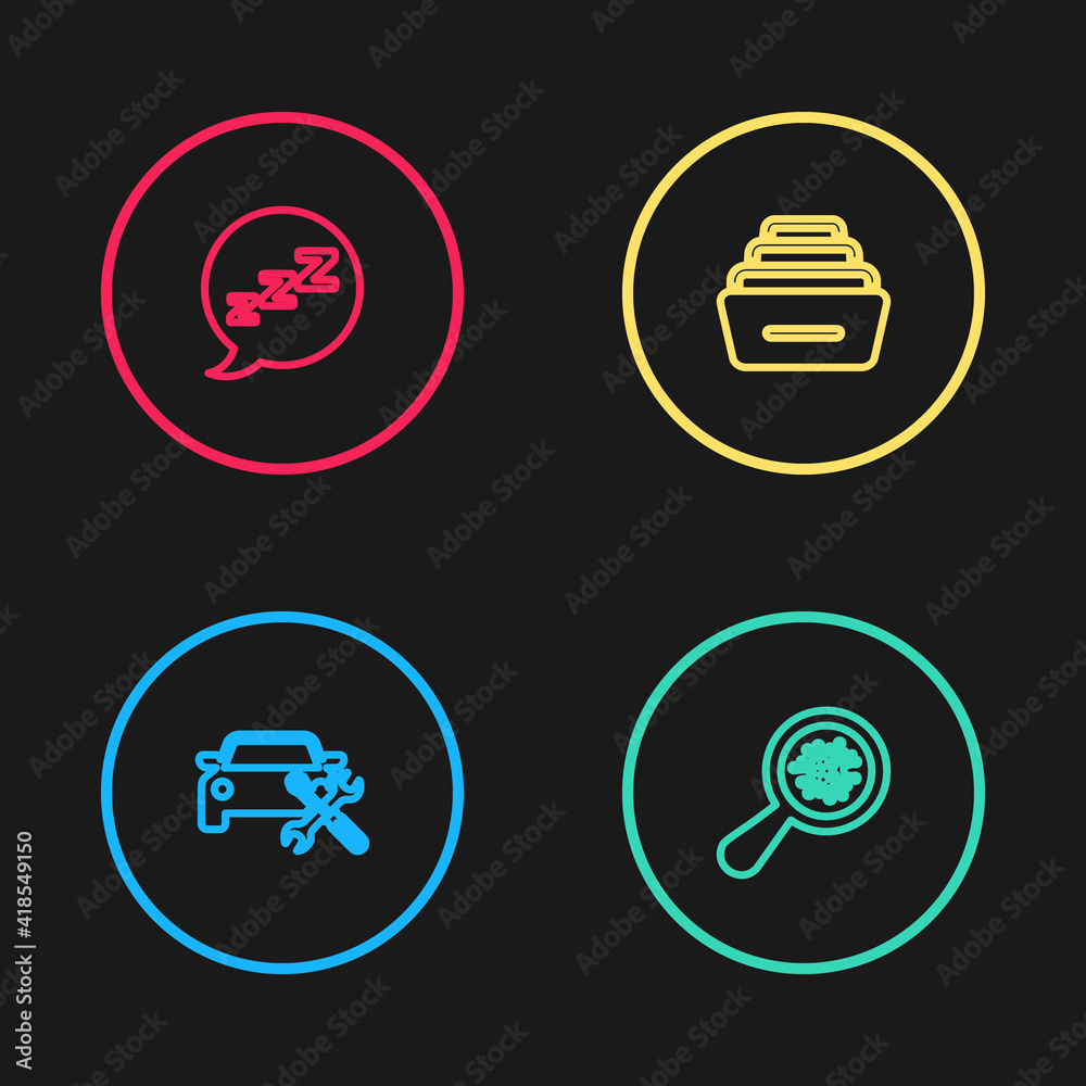 Set line Car service, Microorganisms under magnifier, Drawer with documents and Speech bubble snoring icon. Vector. Set line Car service, Microorganisms under magnifier, Drawer with documents and Speech bubble snoring icon. Vector.