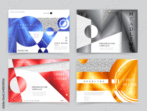 Covers templates set with graphic geometric elements. Applicable for brochures, posters, covers and banners. Vector illustrations.