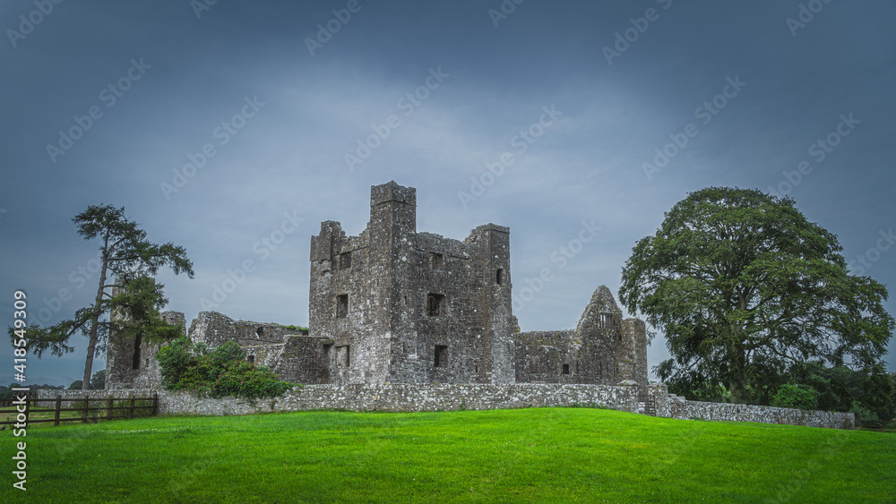 Beautiful old ruins of christian Bective Abbey from 12th century with green trees, pasture and moody dark sky in the background, County Meath, Ireland