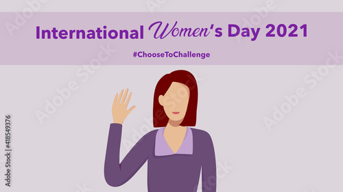 International women’s day 2021. Choose to challenge theme. An lady with red hair  raising her hand to show her courage. Wearing purple or violet palette outfit. Vector illustration