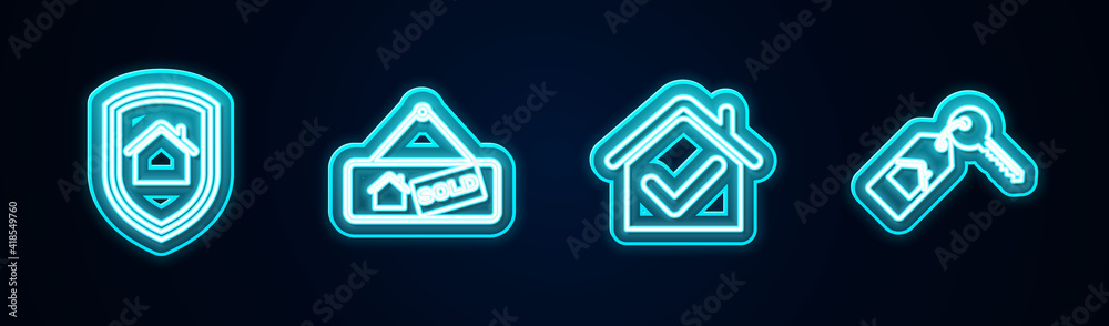 Set line House under protection, Hanging sign with Sold, check mark and key. Glowing neon icon. Vector. Set line House under protection, Hanging sign with Sold, check mark and key. Glowing neon icon. Vector.