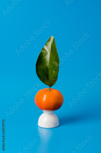 Tangerine with a big leaf on a cup in a blue background