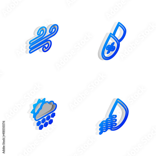 Set Isometric line Water drop percentage  Wind  Cloud with snow and sun and icon. Vector.