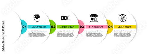 Set line Thoughts on a basketball, Basketball game ticket, Sports shop and and . Business infographic template. Vector.