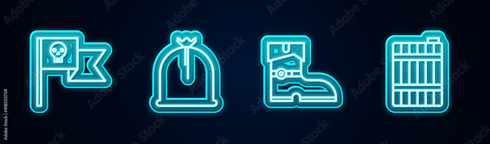Set line Pirate flag with skull, sack, Leather pirate boots and Wooden barrel. Glowing neon icon. Vector. Set line Pirate flag with skull, sack, Leather pirate boots and Wooden barrel. Glowing neon icon. Vector.