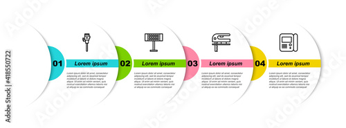 Set line Construction jackhammer, Electric heater, jigsaw and House intercom system. Business infographic template. Vector.