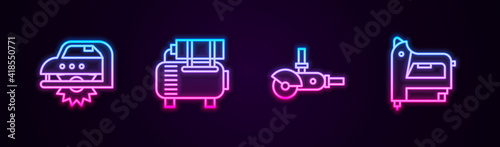 Set line Electric circular saw, Air compressor, Angle grinder and construction stapler. Glowing neon icon. Vector.