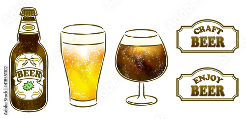 ビールの瓶とグラスとフレーム付き文字のセット