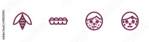 Set line Bee, Face with psoriasis or eczema, Chicken egg in box and Man excessive sweating icon. Vector.