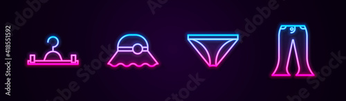 Set line Hanger wardrobe, Elegant women hat, Men underpants and Pants. Glowing neon icon. Vector.