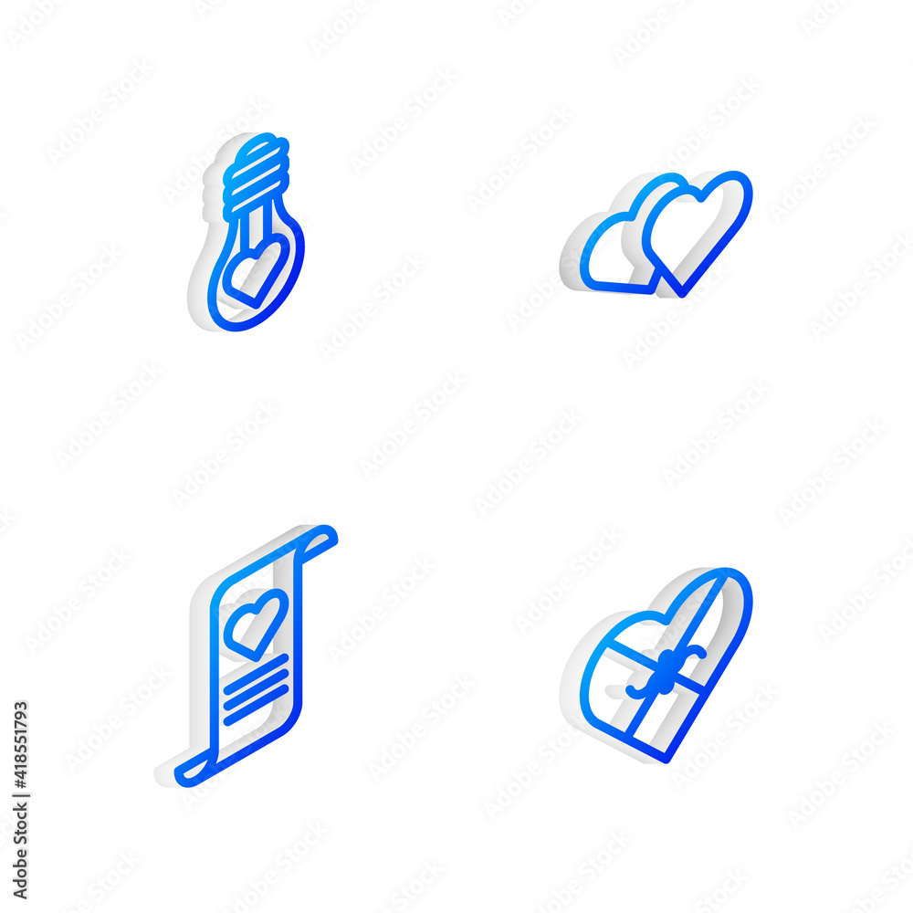 Set Isometric line Heart, shape in light bulb, Envelope with Valentine heart and Candy shaped box icon. Vector. Set Isometric line Heart, shape in light bulb, Envelope with Valentine heart and Candy shaped box icon. Vector.