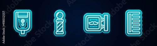 Set line Electric razor blade for men, Classic Barber shop pole, Barbershop and Hairbrush. Glowing neon icon. Vector.
