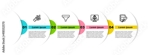 Set line Pie chart infographic, Sales funnel, Monitor with exclamation mark and Server security key. Business infographic template. Vector.