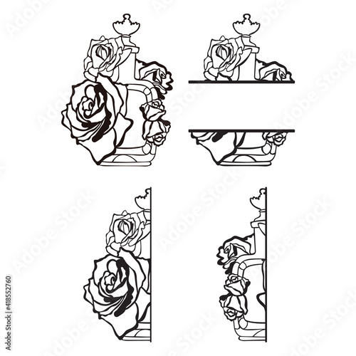 Perfume crown bottle monogram, cut fragrance spray bottle set isolated on white background.