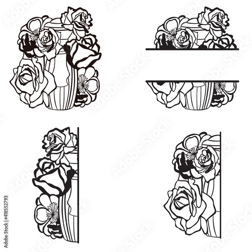 Perfume bottle monogram, cut fragrance spray bottle with roses set isolated on white background.