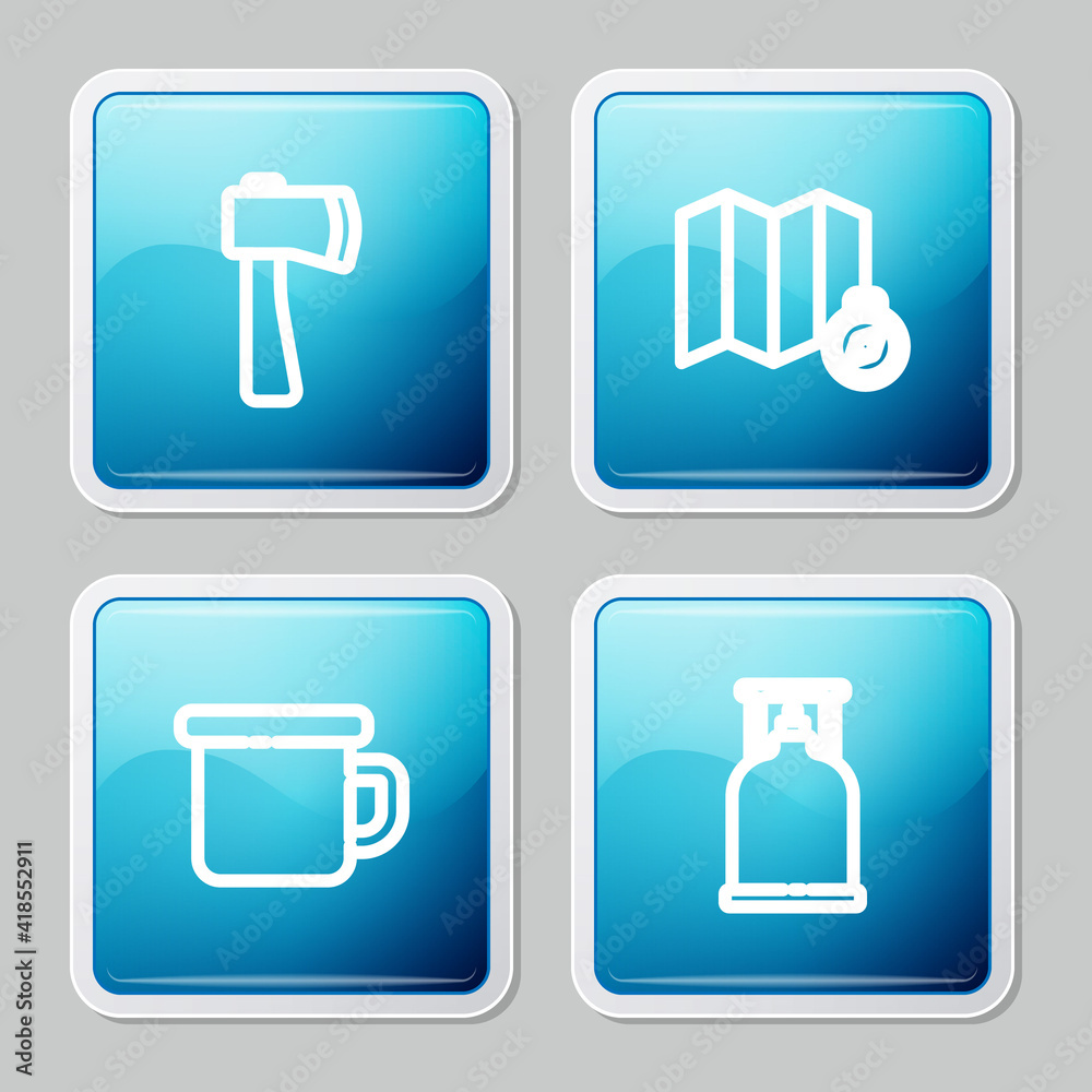 Set line Wooden axe, Location of the forest on map, Camping metal mug and gas stove icon. Vector. Set line Wooden axe, Location of the forest on map, Camping metal mug and gas stove icon. Vector.