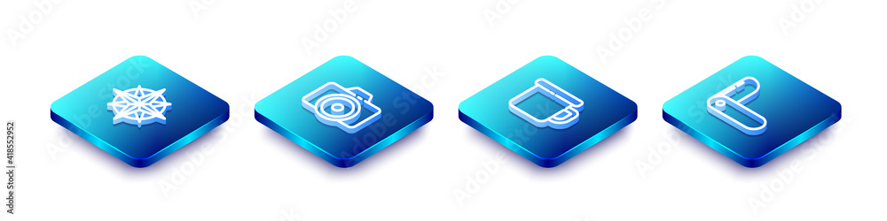 Set Isometric line Wind rose, Photo camera, Camping metal mug and Swiss army knife icon. Vector. Set Isometric line Wind rose, Photo camera, Camping metal mug and Swiss army knife icon. Vector.