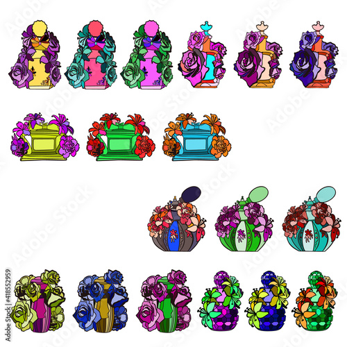 Collection of bright colour perfume bottles decorated with flowers isolated on white background.