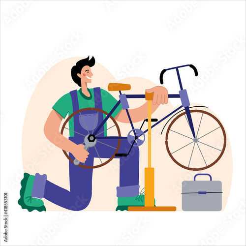 Wallpaper Mural Bicycle repair. A man repairs a bicycle. The mechanic repairs the bicycle, the mechanic inflates the wheels. Web graphics, banners, advertisements, business templates. Torontodigital.ca