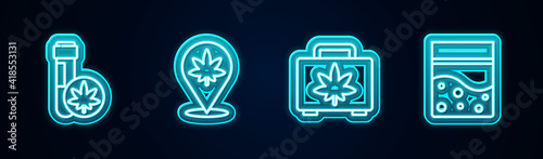 Set line Chemical test tube with marijuana, Location and, Shopping box of and Plastic bag cannabis. Glowing neon icon. Vector.