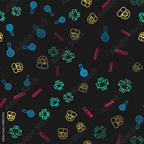Set line Magnifying glass and marijuana, Medical or cannabis leaf, Herbal ecstasy tablets and Marijuana joint on seamless pattern. Vector.