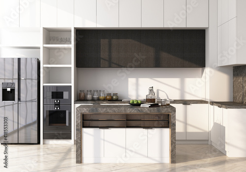 White modern kitchen on wooden floor and marble pantry 3d rendering