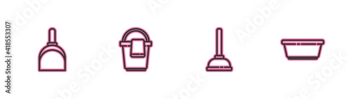 Set line Dustpan, Rubber plunger, Bucket with rag and Plastic basin icon. Vector.