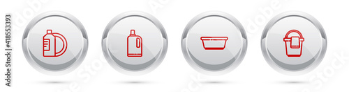 Set line Dishwashing liquid bottle and plate, Fabric softener, Plastic basin and Bucket with rag. Silver circle button. Vector.