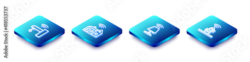 Set Isometric line Smart water tap, home with wireless, table lamp and Wireless antenna icon. Vector.