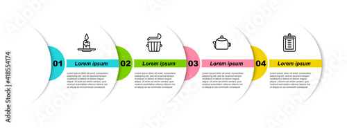 Set line Aroma candle, Sauna bucket ladle, Kettle with handle and Clipboard checklist. Business infographic template. Vector.