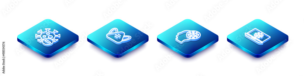 Set Isometric line Negative virus, Medical protective mask, Human and and Virus statistics on laptop icon. Vector. Set Isometric line Negative virus, Medical protective mask, Human and and Virus statistics on laptop icon. Vector.