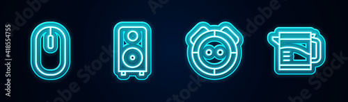 Set line Computer mouse, Stereo speaker, Robot vacuum cleaner and Electric kettle. Glowing neon icon. Vector.
