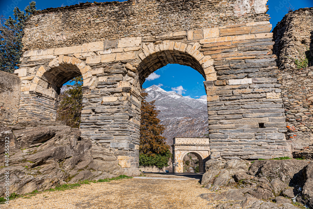 Susa, Italy. Februar 14th, 2021. Arch of Augustus and other remains from Roman Era.