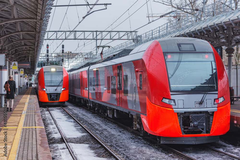 Fototapeta premium Highspeed trains stand by the station platform.