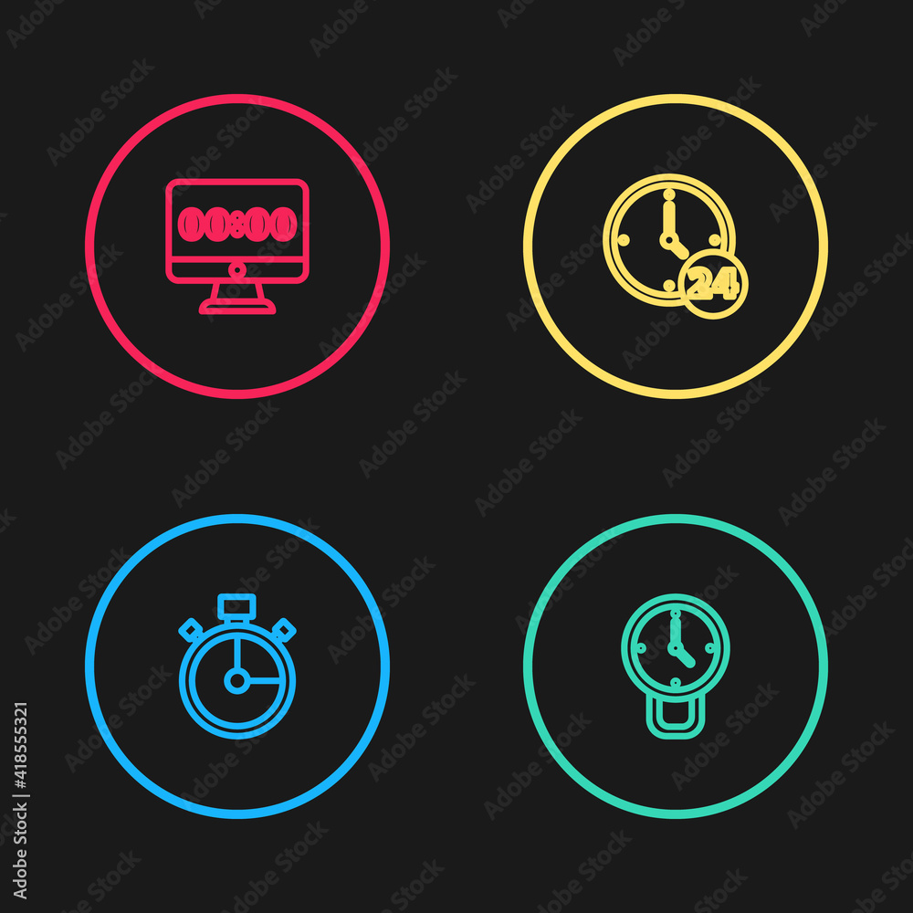 Set line Stopwatch, Clock, 24 hours and on monitor icon. Vector.
