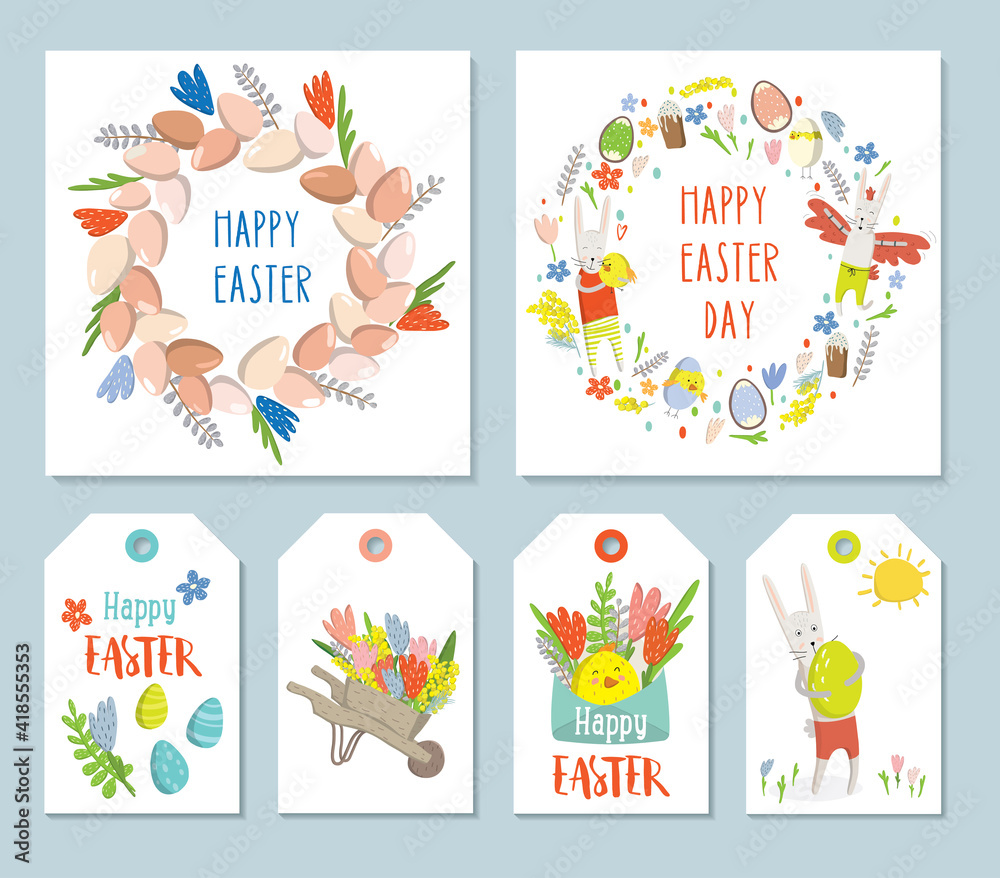 Set square easter cards, gift tags and labels. Wreath off easter egg, easter bunnies, flowers, spring clipart. Easter elements. Cute and modern vector illustration. For social media post greeting