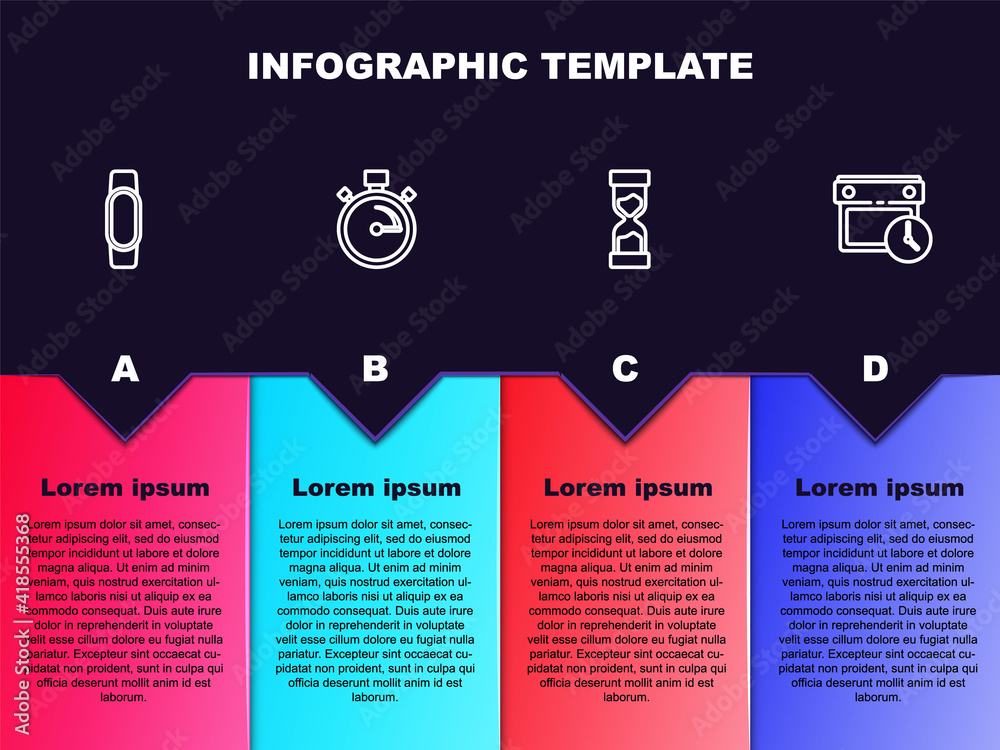 Set line Smartwatch, Stopwatch, Old hourglass and Calendar and clock. Business infographic template. Vector. Set line Smartwatch, Stopwatch, Old hourglass and Calendar and clock. Business infographic template. Vector.
