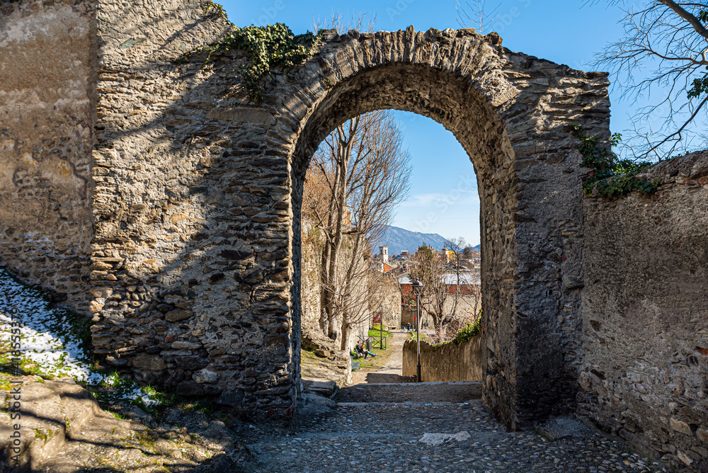 Susa, Italy. Februar 14th, 2021. Remains from Roman Era along the Via degli Archi.