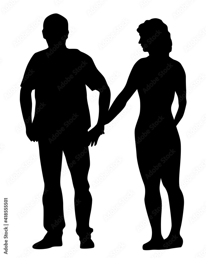Young man and woman walking on street. Isolated silhouette on a white background