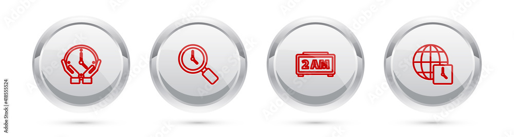 Set line Clock, Magnifying glass with clock, Digital alarm and World time. Silver circle button. Vector. Set line Clock, Magnifying glass with clock, Digital alarm and World time. Silver circle button. Vector.